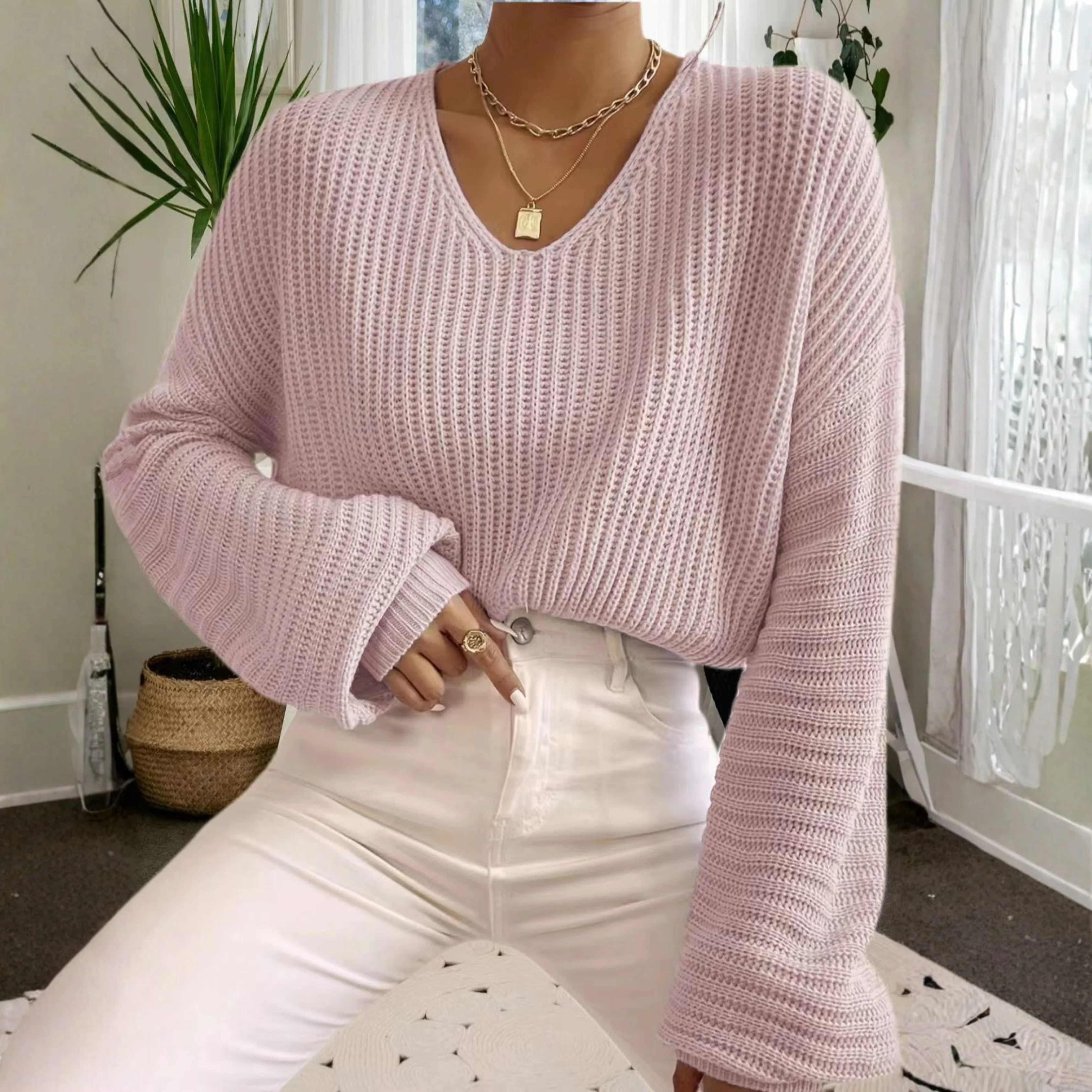 Cozy V-Neck Long-Sleeve Knit Sweater - Image 2