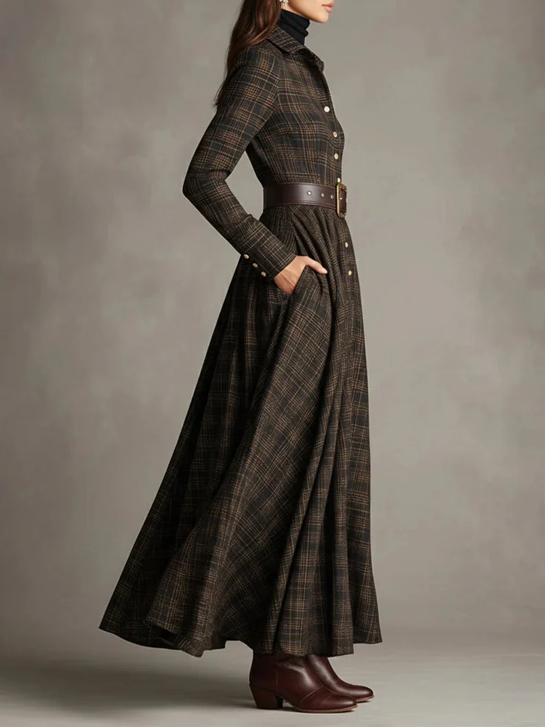 Long plaid brown and black shirt with a spread collar and single closure for a sophisticated look - Image 3