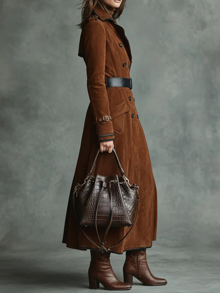 Elegant double-sided reversible long coat with suede and black accents - Image 3