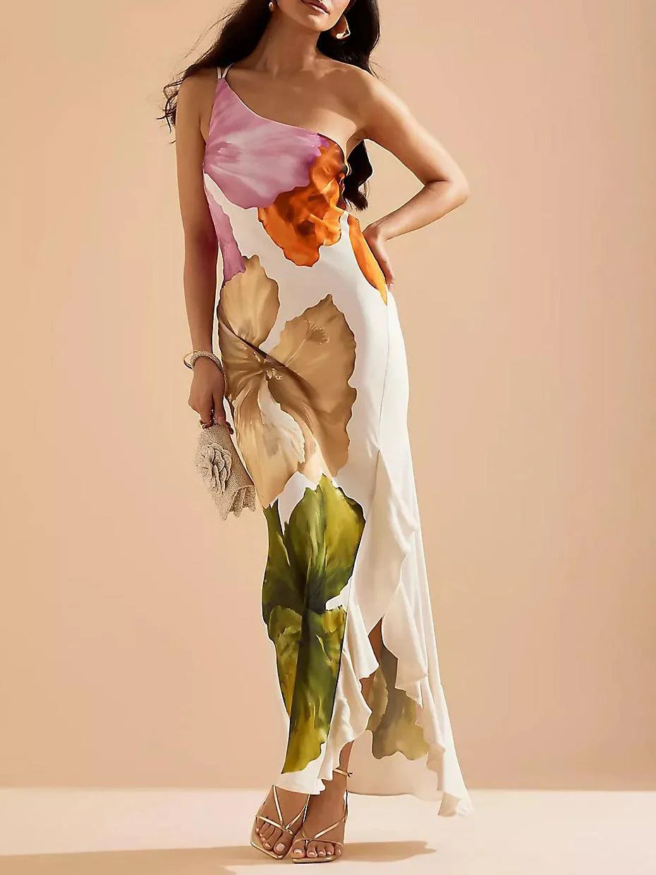 Elegant and Exquisite Maxi Dress with Floral Print and One Shoulder