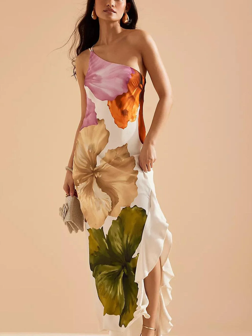 Elegant and Exquisite Maxi Dress with Floral Print and One Shoulder - Image 2