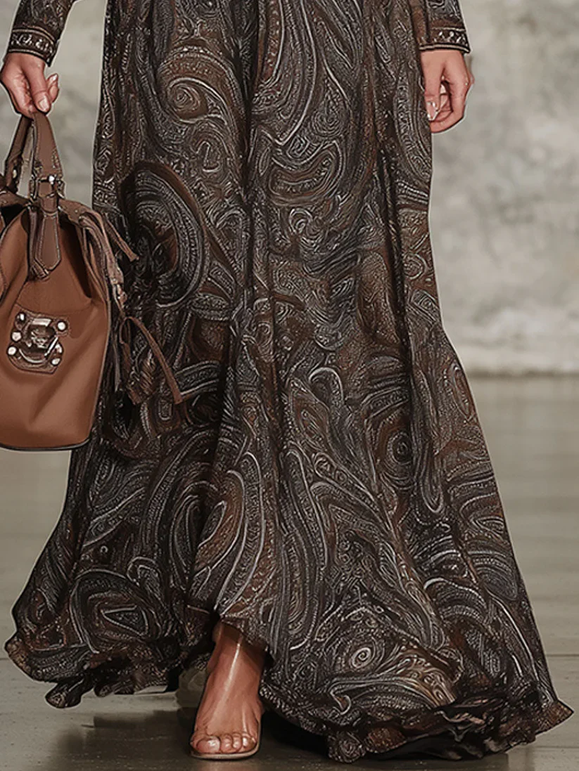 Elegant Vintage Maxi Dress with Paisley Pattern and Zipper - Image 3
