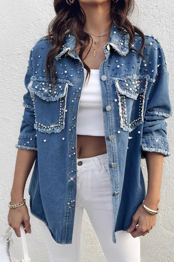 Long-sleeve denim coat with contrasting pearl details - Image 2