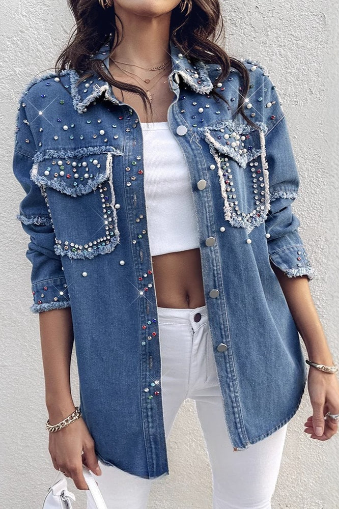 Long-sleeve denim coat with contrasting pearl details - Image 3