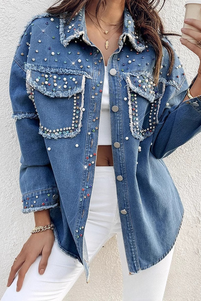 Long-sleeve denim coat with contrasting pearl details - Image 4