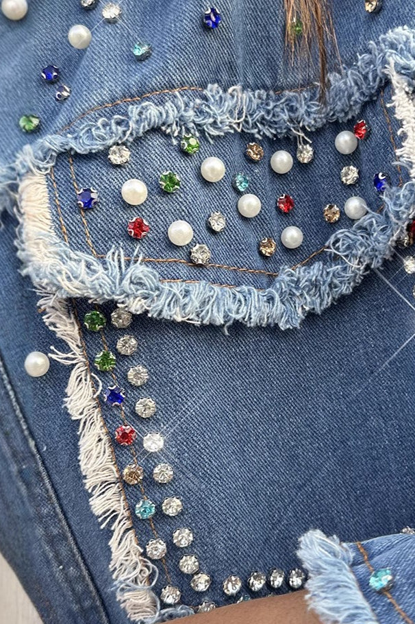 Long-sleeve denim coat with contrasting pearl details - Image 5