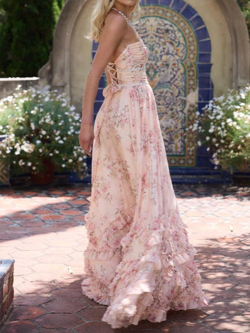 Long Maxi Dress with Floral Print, Faux Pearls, and Ruffle Details - Image 5
