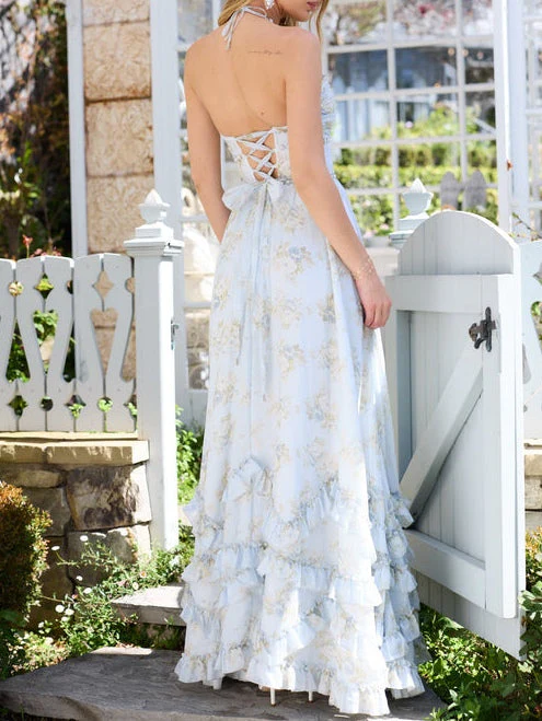 Long Maxi Dress with Floral Print, Faux Pearls, and Ruffle Details - Image 7