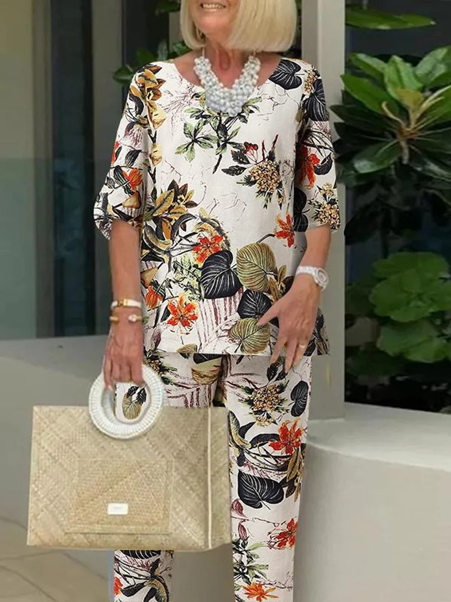 Two-Piece Floral Print Set with Round Neck - Image 2