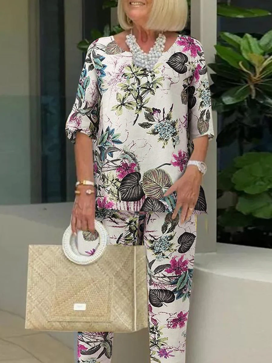 Two-Piece Floral Print Set with Round Neck - Image 3