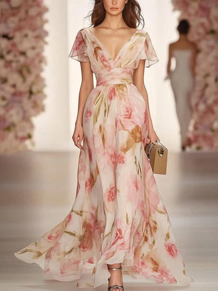 Casual Maxi Dress with Floral Print, V-Neck and Short Sleeves