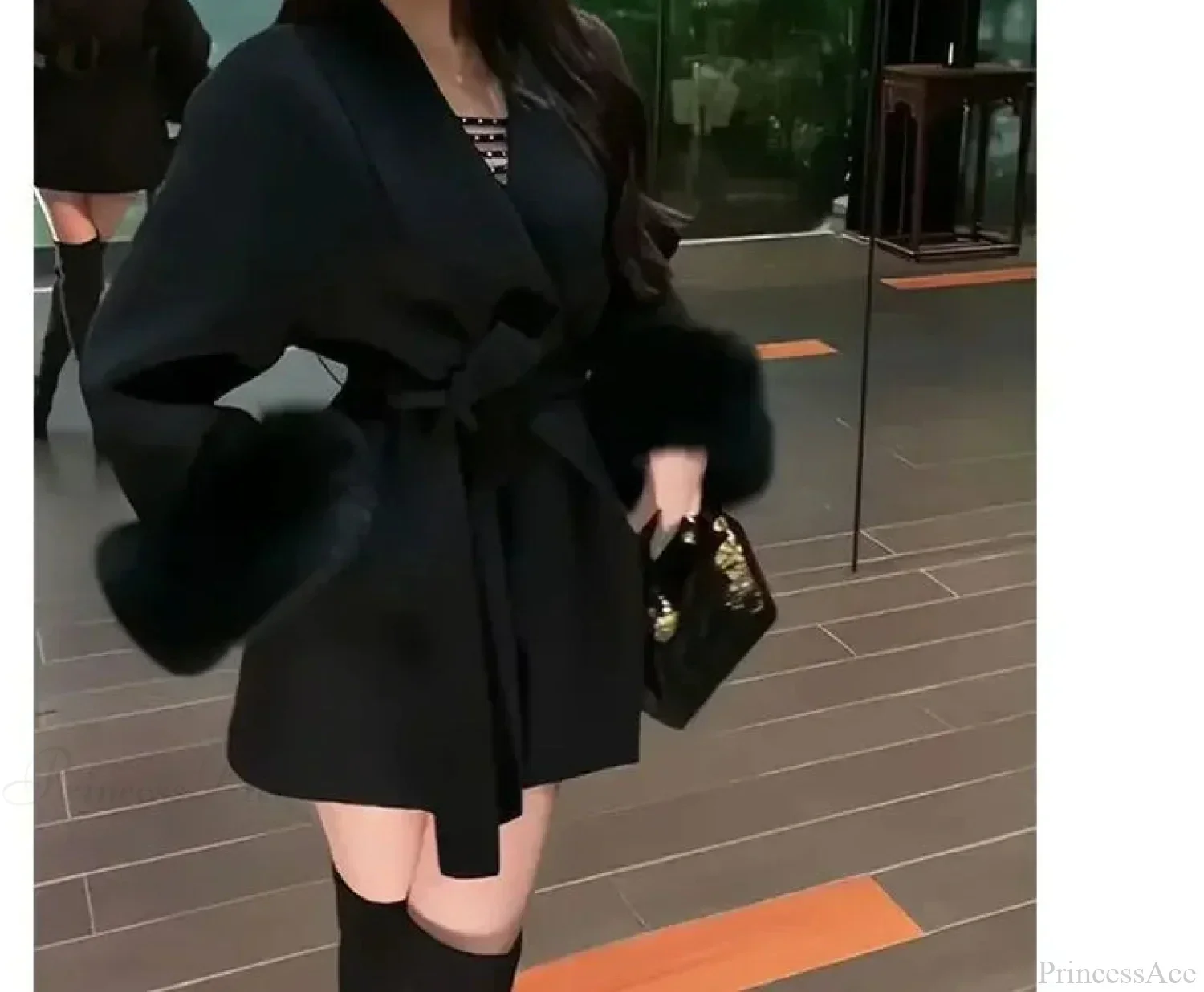 Furry Patchwork Long Sleeve Bandage Overcoat – Stylish and Cozy Outerwear for All Seasons - Image 2