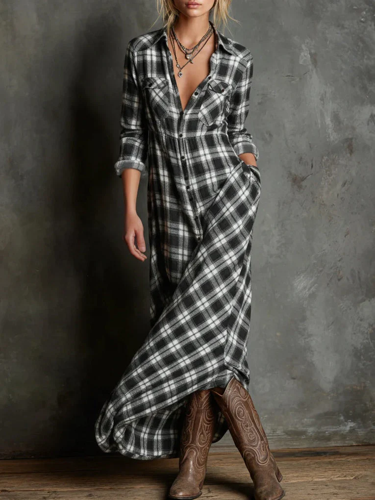 Elegant Green Plaid Lapel Single-Breasted Shirt Dress for a Chic and Sophisticated Look - Image 5