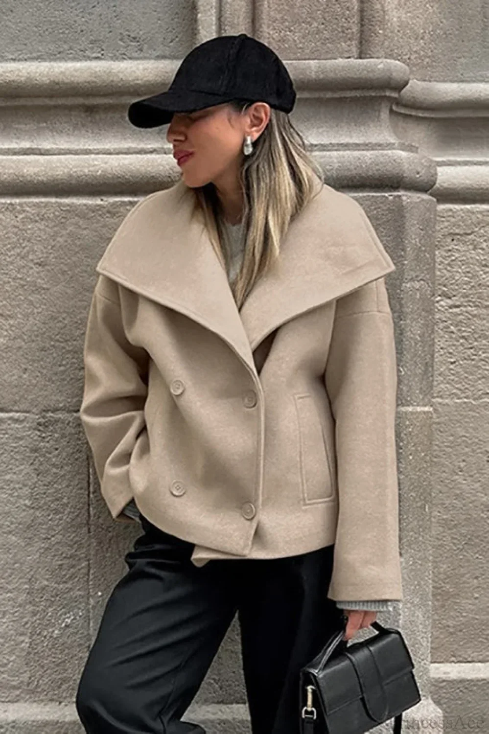 Vintage Wool Blend Coat with Double Button Closure in Khaki and Classic Style