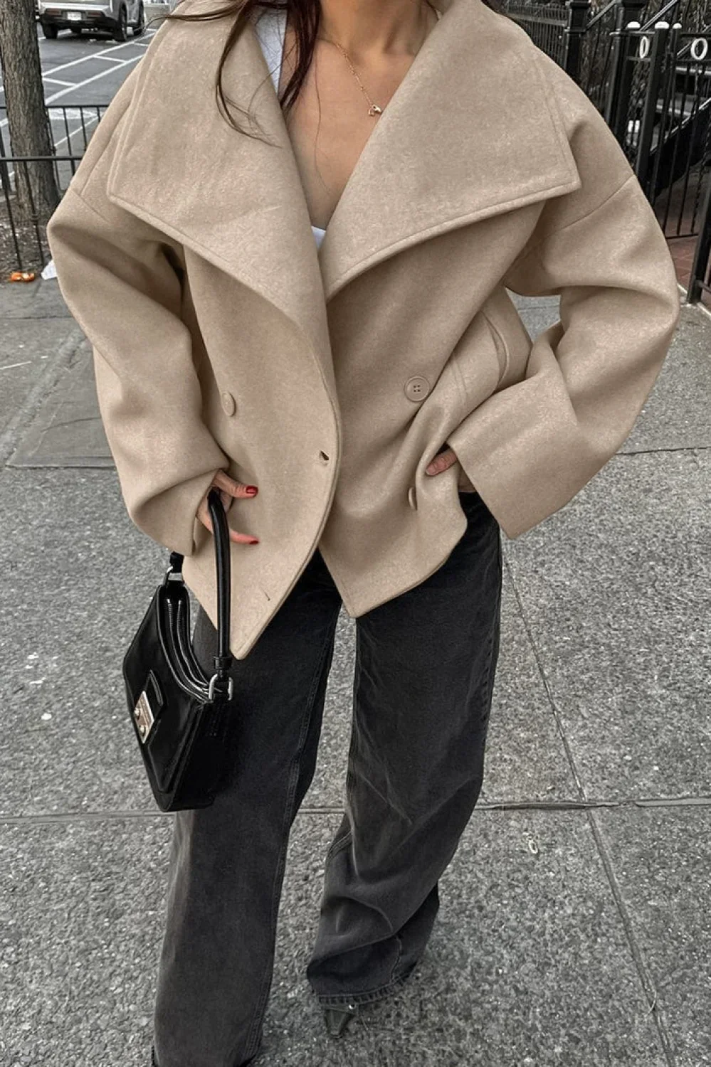 Vintage Wool Blend Coat with Double Button Closure in Khaki and Classic Style - Image 2