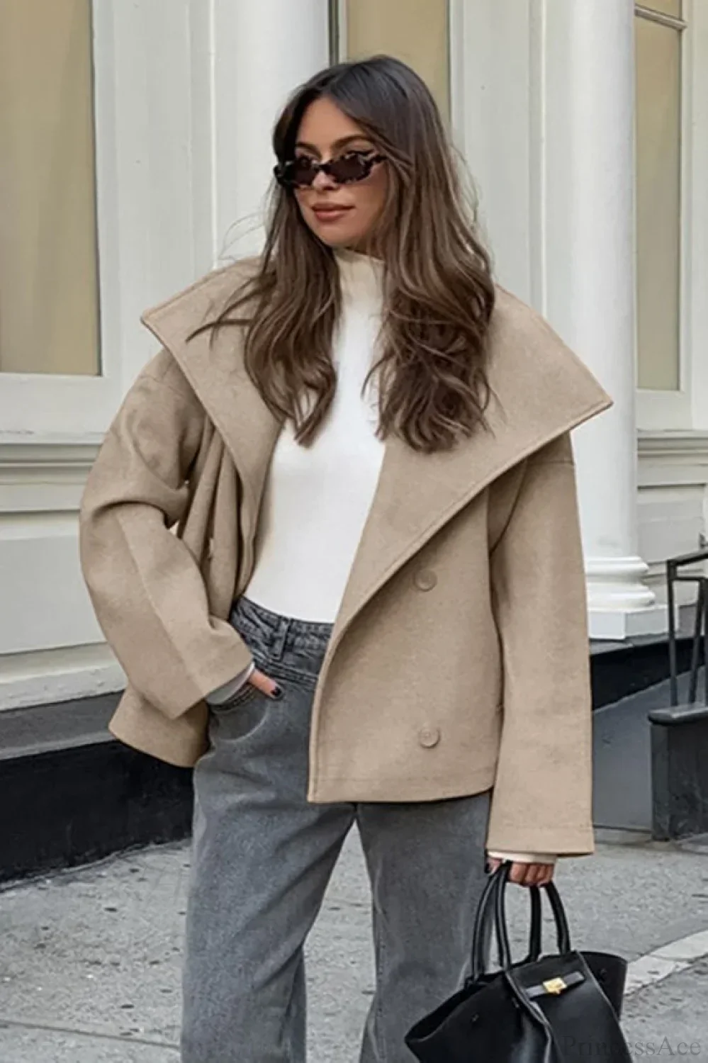 Vintage Wool Blend Coat with Double Button Closure in Khaki and Classic Style - Image 4