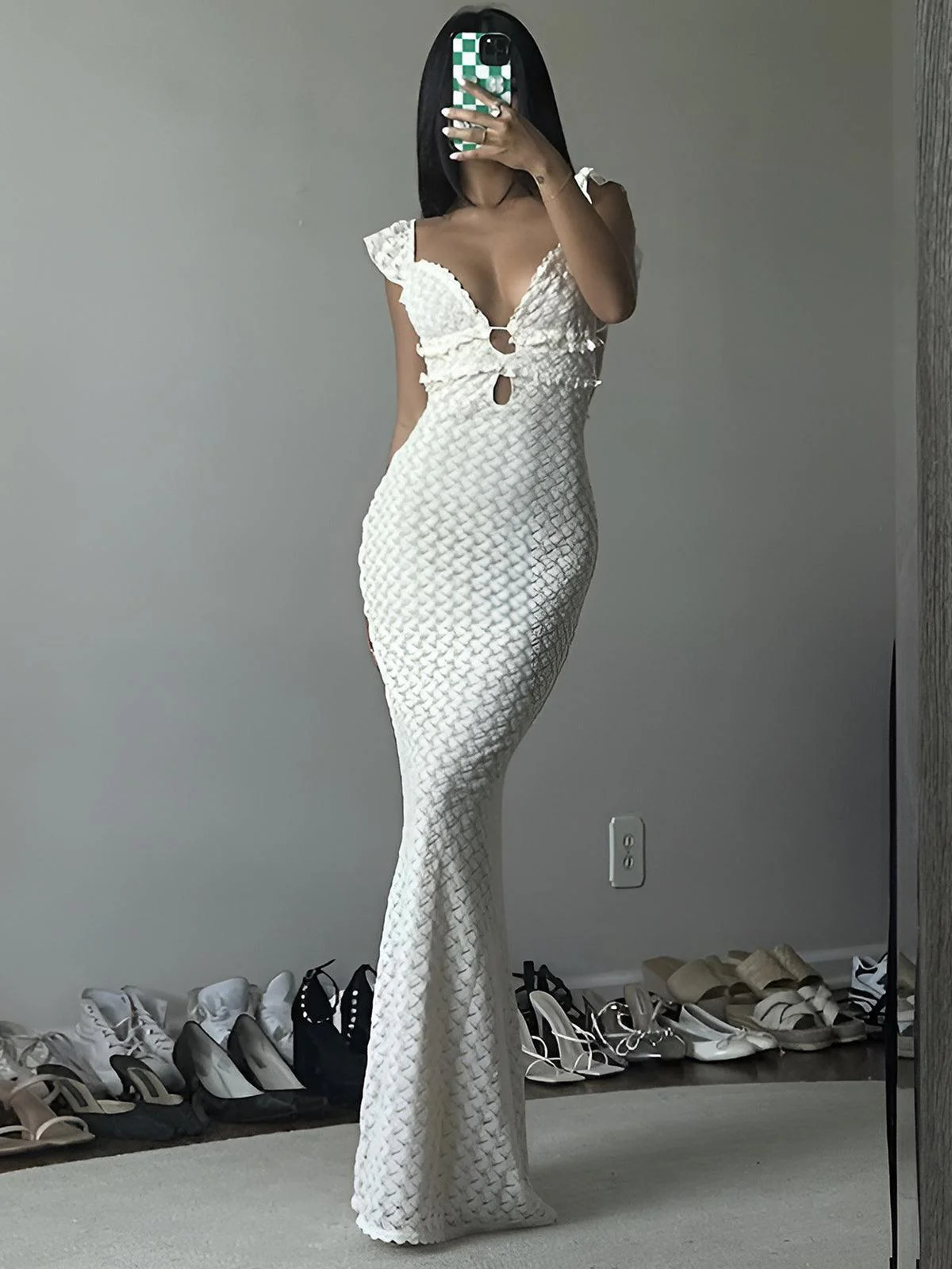 Elegant Pearl-Accented Keyhole Neckline Cami Maxi Dress - Image 5