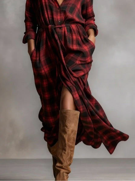 Red Plaid Maxi Dress with Button-Down Collar - Image 3