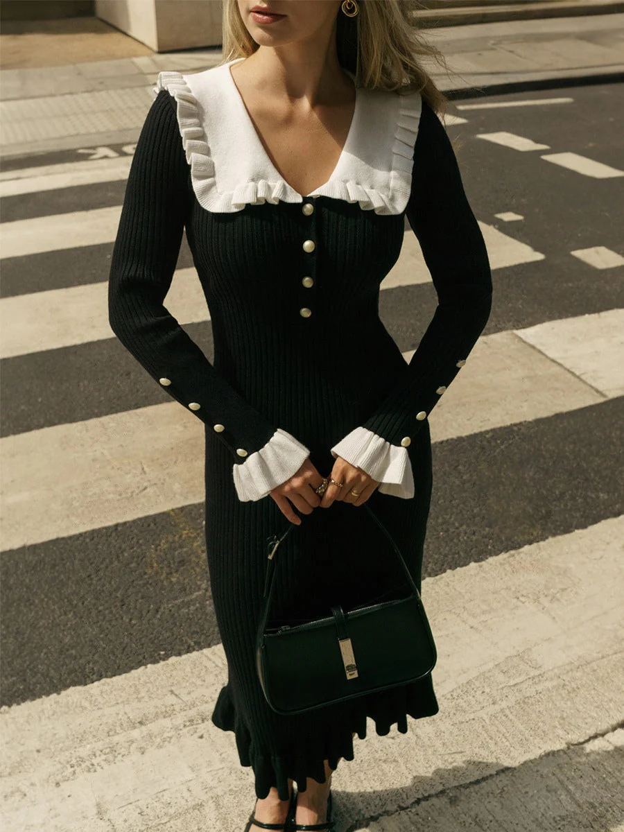 Ruffled Long Sleeve Knitted Midi Dress - Elegant and Cozy Style - Image 3