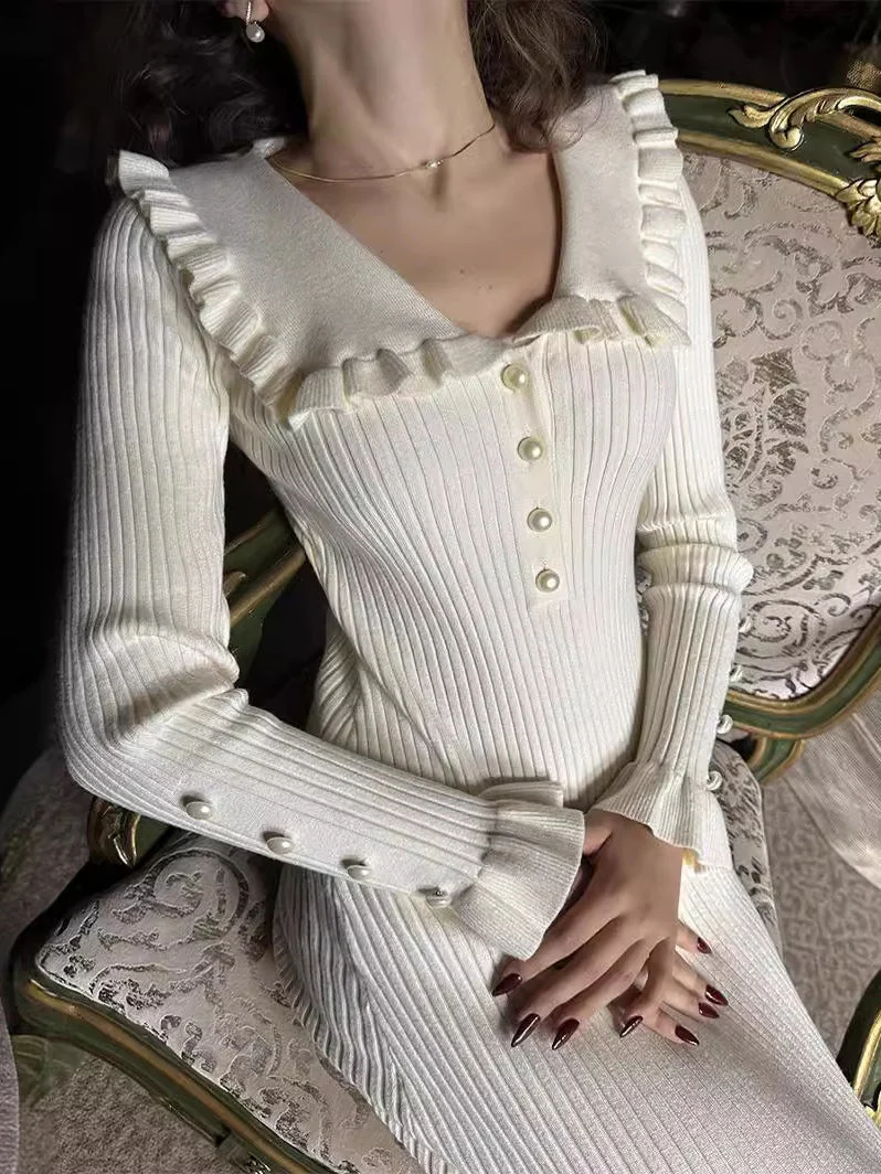 Ruffled Long Sleeve Knitted Midi Dress - Elegant and Cozy Style - Image 4