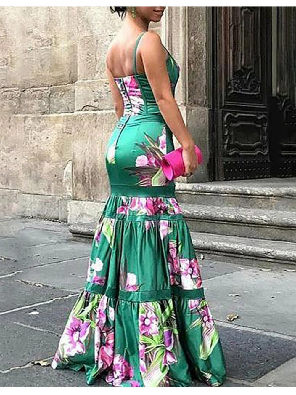 Maxi Satin Long Dress with Printed Panel and Back Straps - Image 2