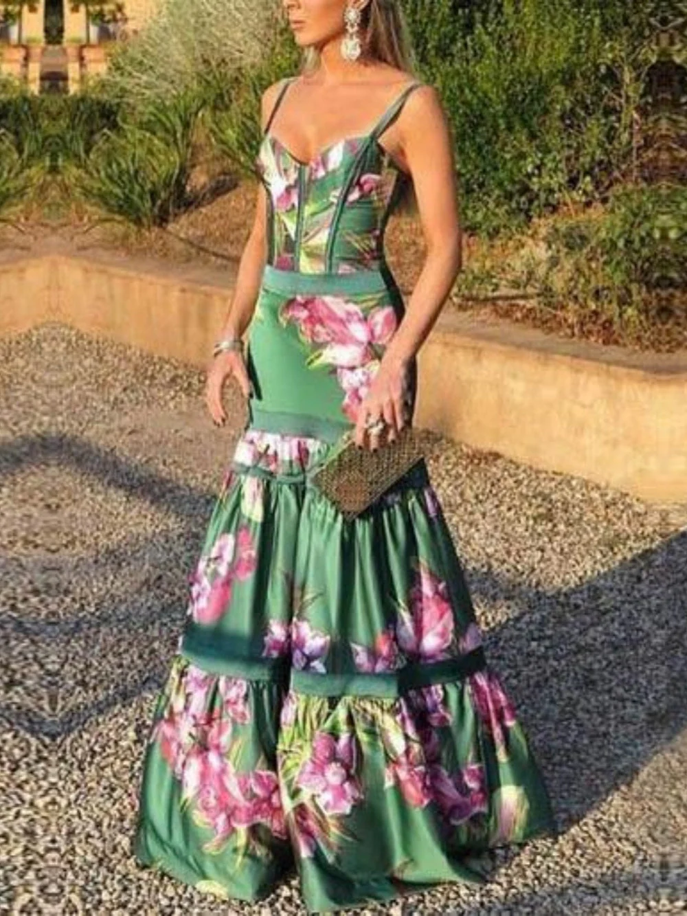 Maxi Satin Long Dress with Printed Panel and Back Straps - Image 3