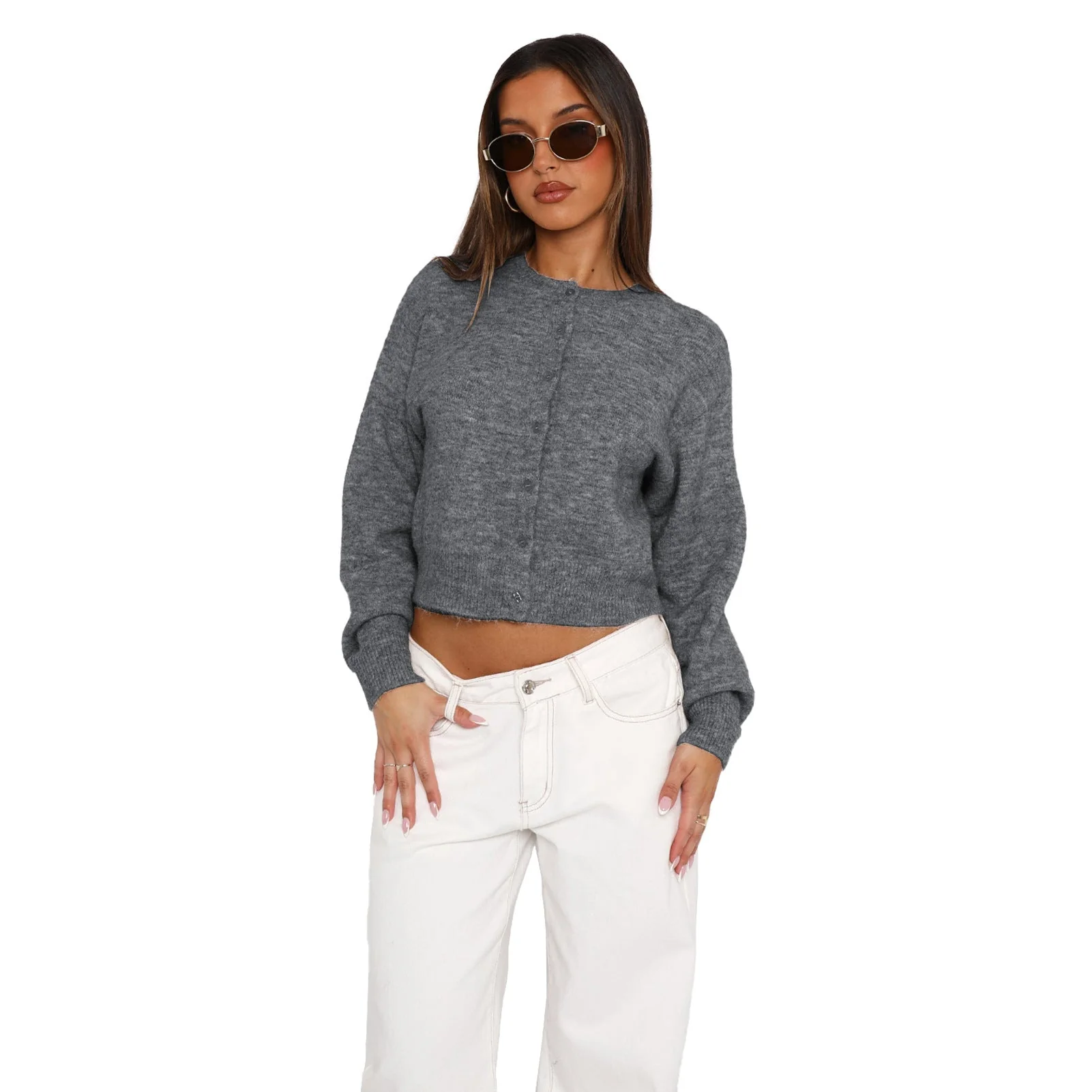 Cropped Casual Long-Sleeve Cardigan - Image 3