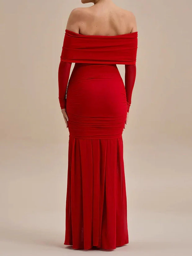Elegant Solid Color Fold-Over Pleated Evening Dress with Long Sleeves - Image 3