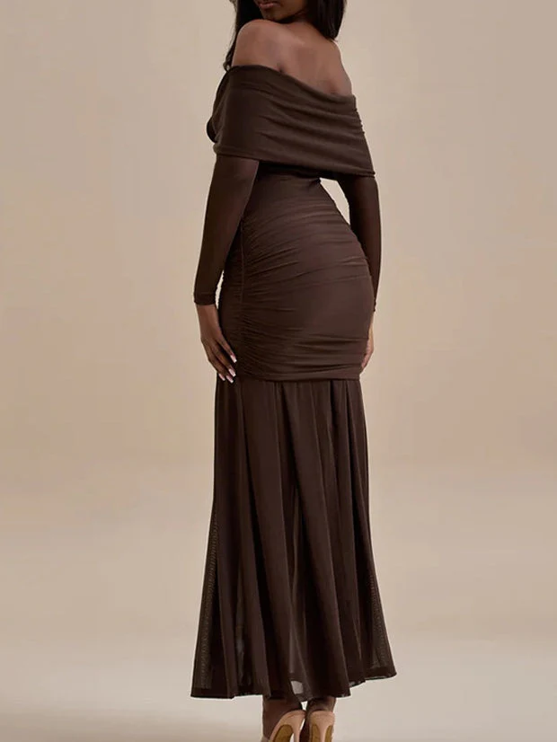 Elegant Solid Color Fold-Over Pleated Evening Dress with Long Sleeves - Image 5
