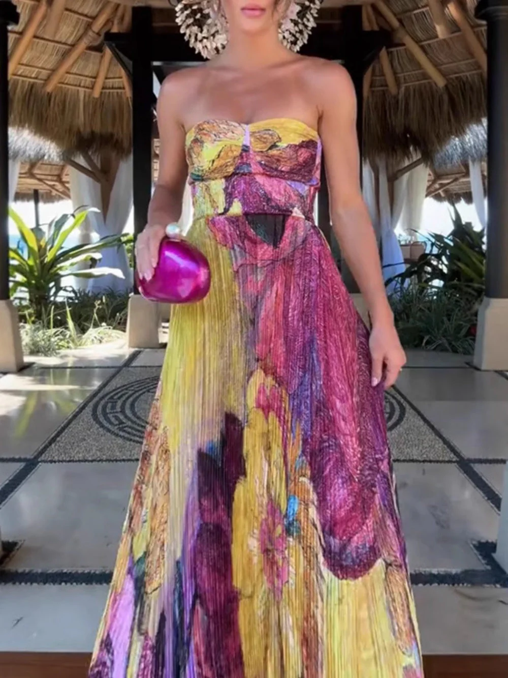 Trendy Printed Strapless Pleated Long Dress - Image 2