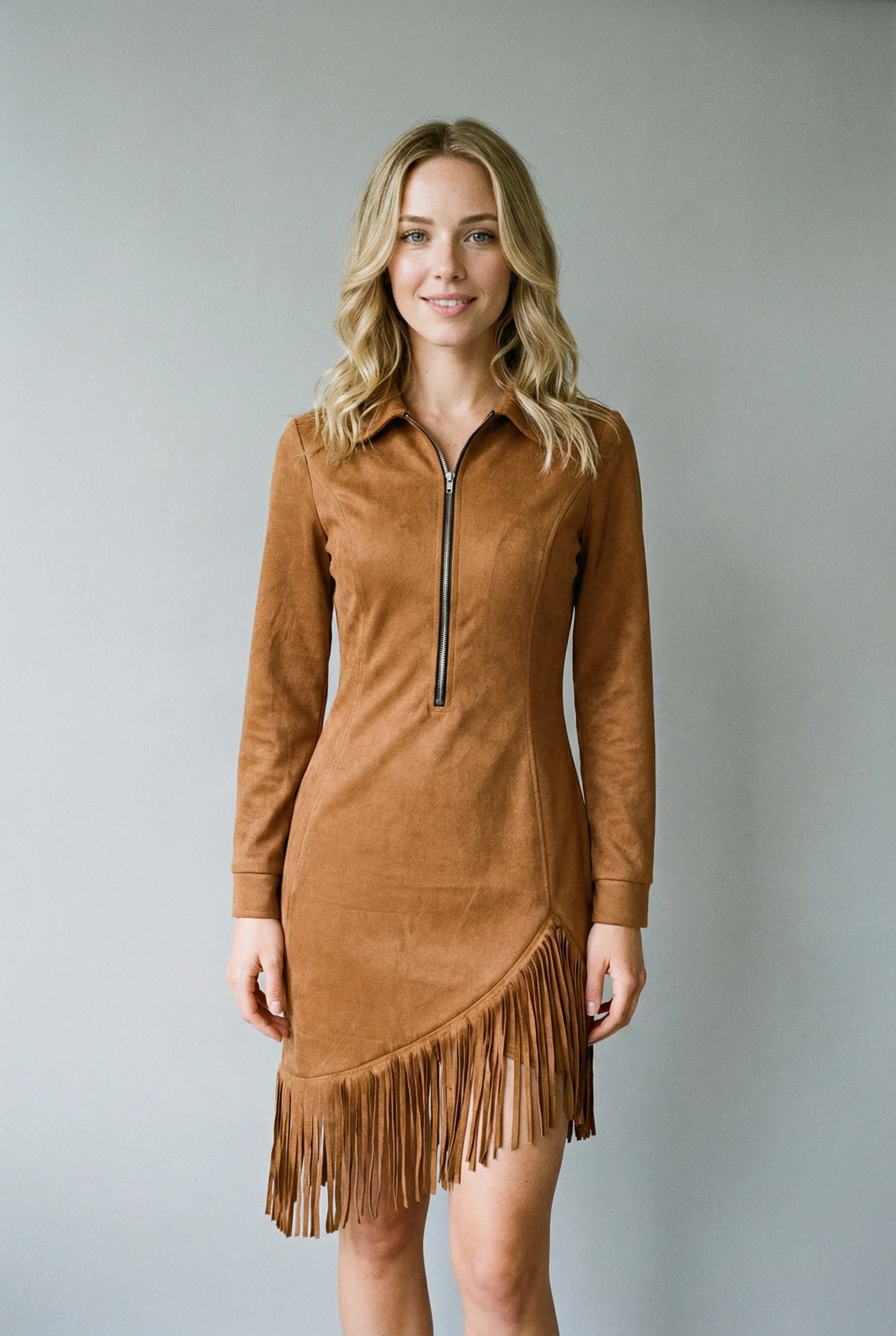 Suede midi dress with long sleeves and irregular fringes