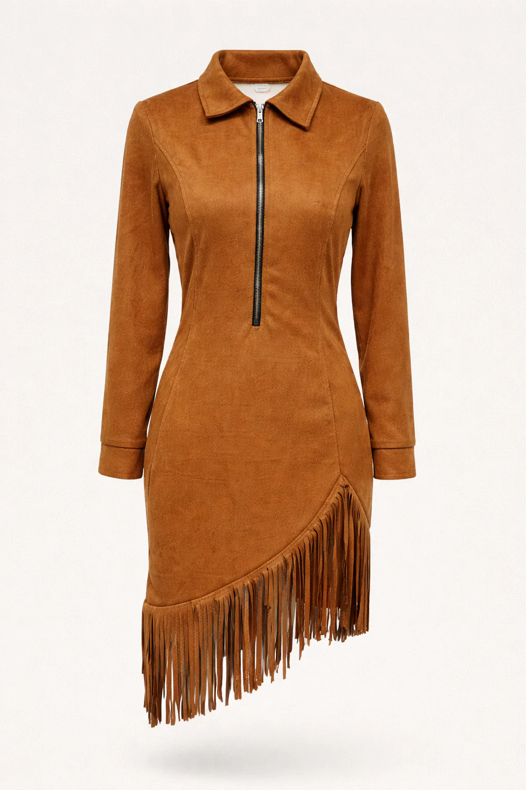 Suede midi dress with long sleeves and irregular fringes - Image 6