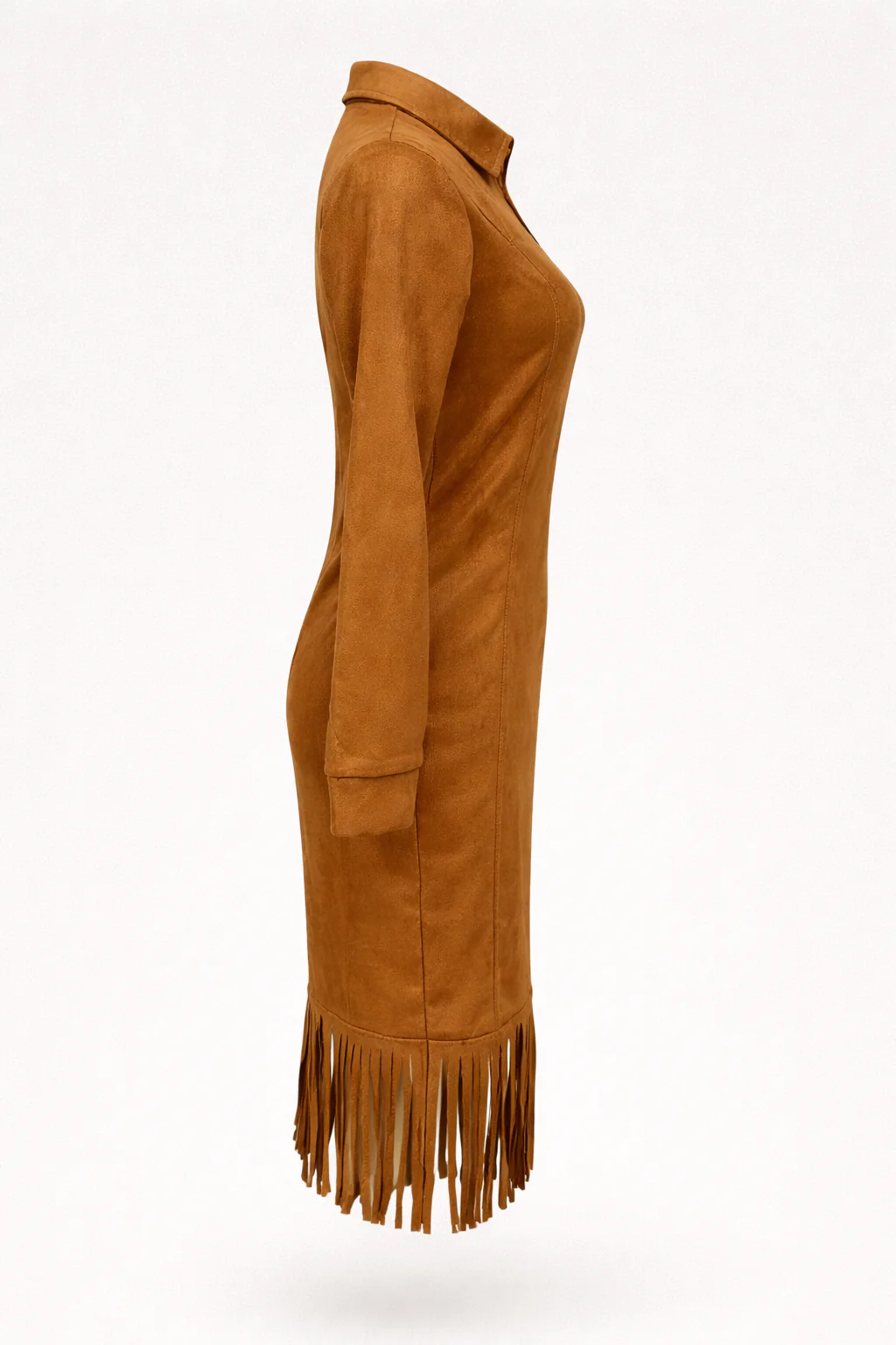 Suede midi dress with long sleeves and irregular fringes - Image 7