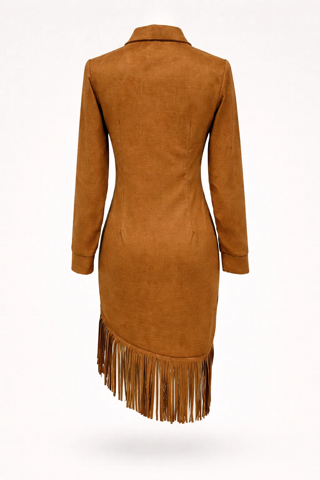 Suede midi dress with long sleeves and irregular fringes - Image 8
