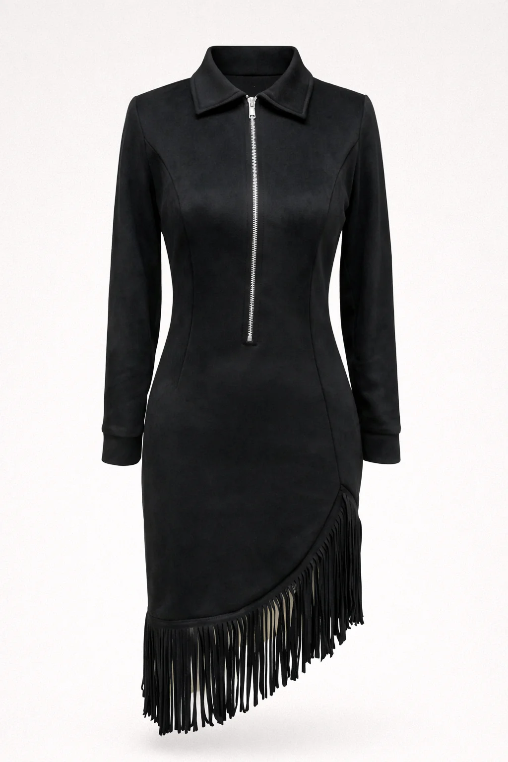 Suede midi dress with long sleeves and irregular fringes - Image 9