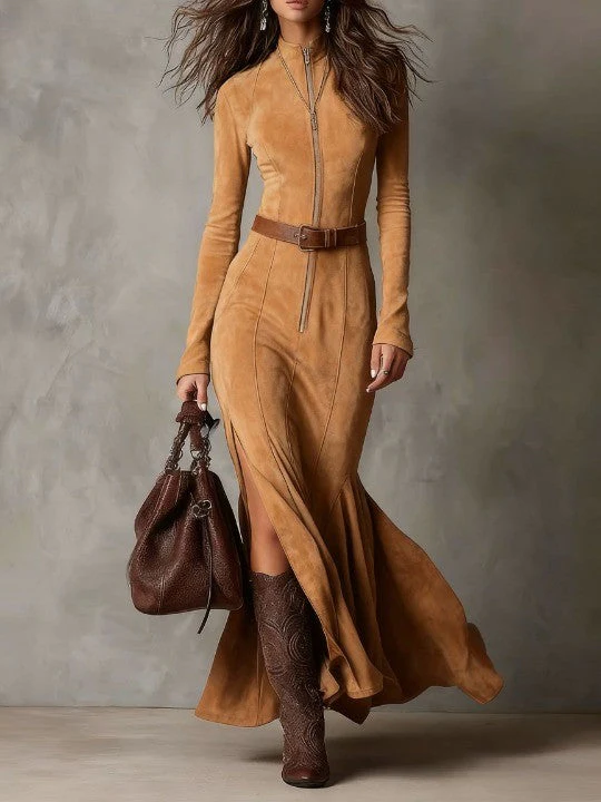 Elegant Vintage Brown Zipper Belted Maxi Dress with Included Belt - Image 3