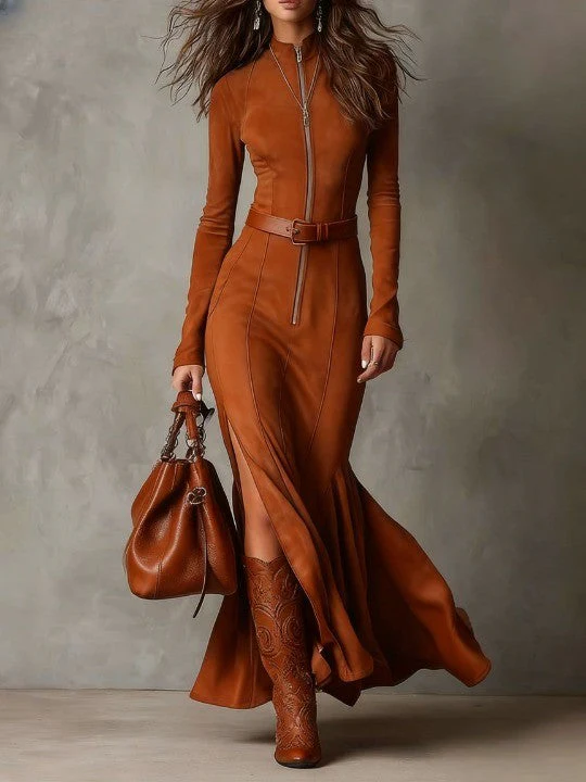 Elegant Vintage Brown Zipper Belted Maxi Dress with Included Belt - Image 4