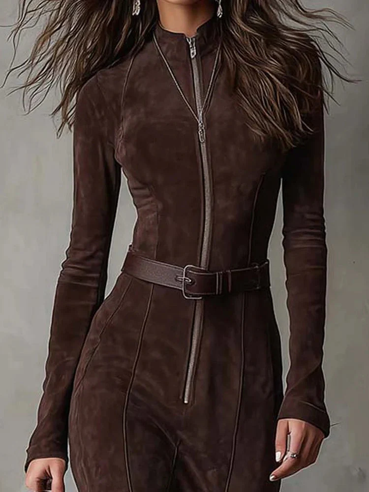 Elegant Vintage Brown Zipper Belted Maxi Dress with Included Belt - Image 5