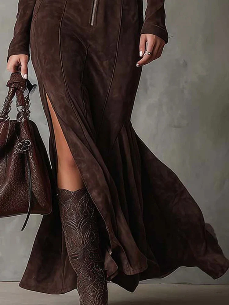Elegant Vintage Brown Zipper Belted Maxi Dress with Included Belt - Image 6